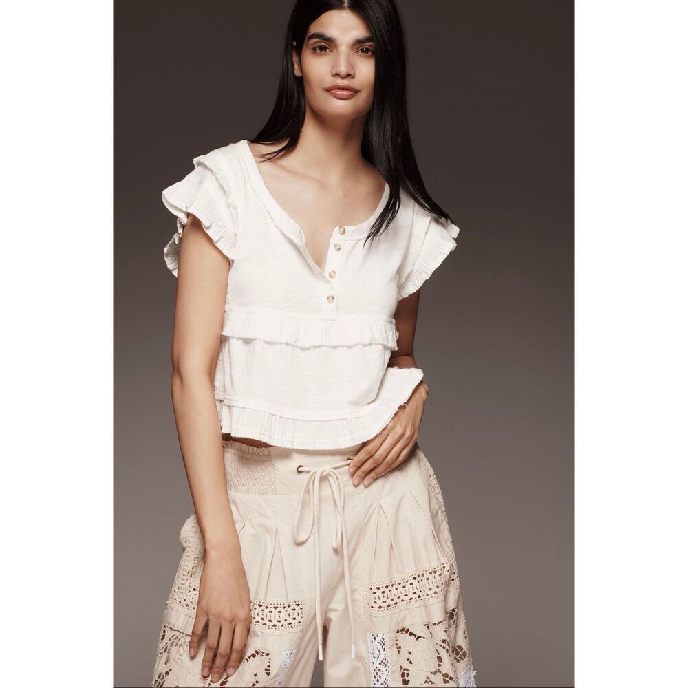 Anthropologie Pilcro Short Sleeve Ruffle-Trim Henley Baby Tee - Picture 2 of 7